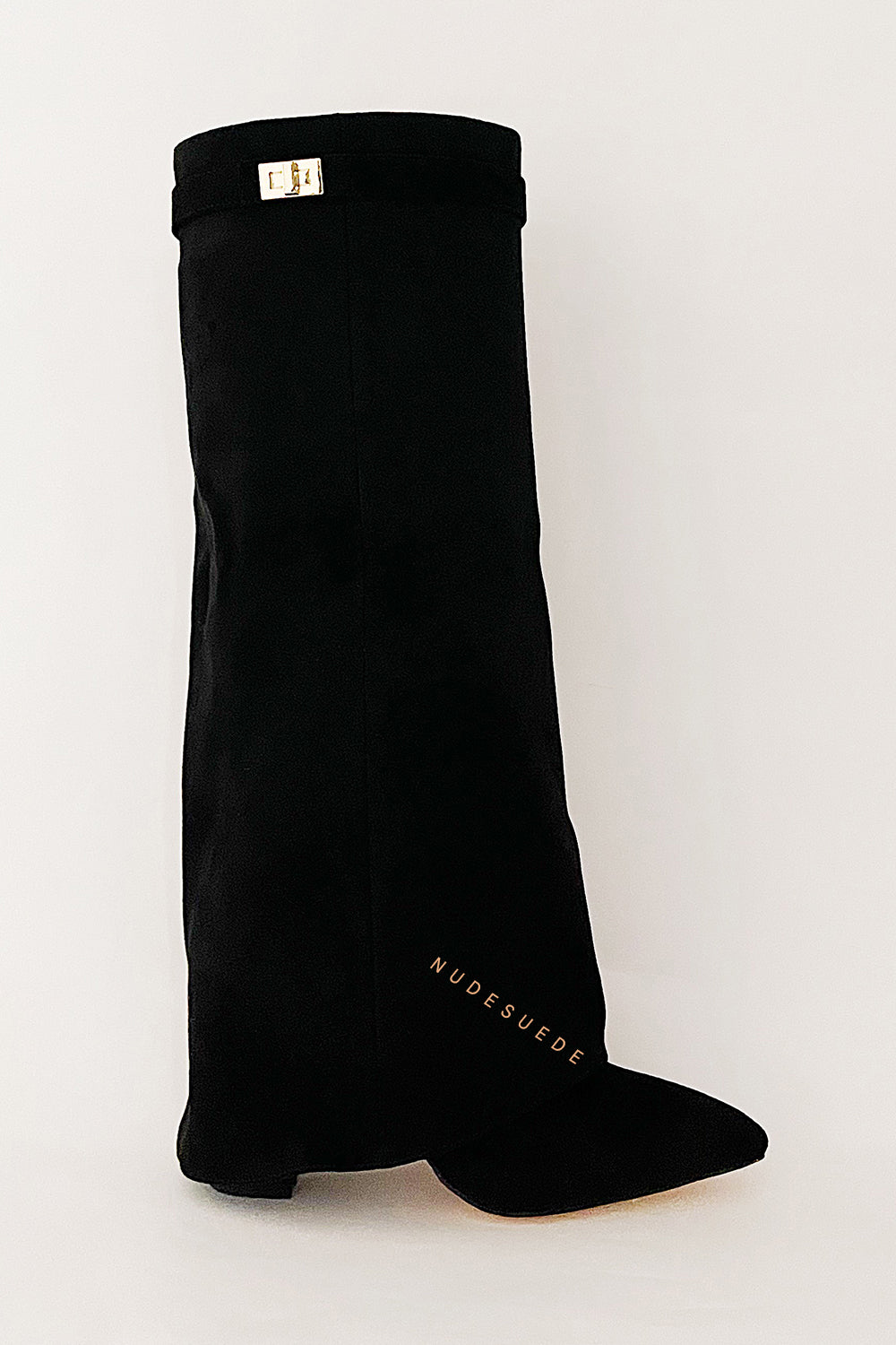 Faux Suede Fold Over Metal Lock Detail Knee High Boots