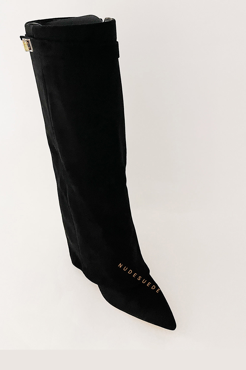 Faux Suede Fold Over Metal Lock Detail Knee High Boots