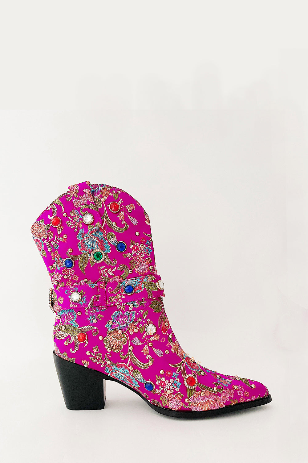 Floral Satin Gemstone-Embellished Pointed Toe Western Ankle Bootie - Pink