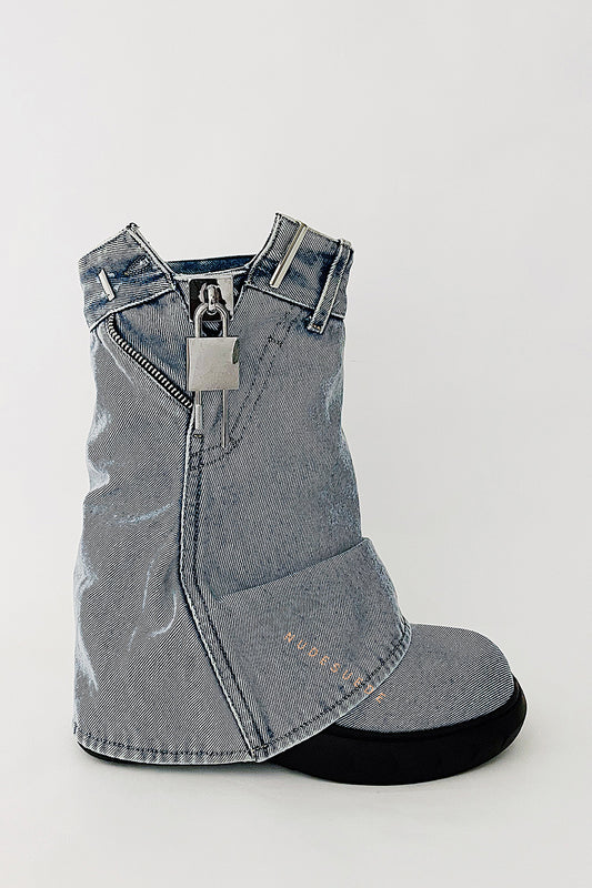 Lock Detail Denim Folded Chunky Sole Biker Ankle Boots - Blue