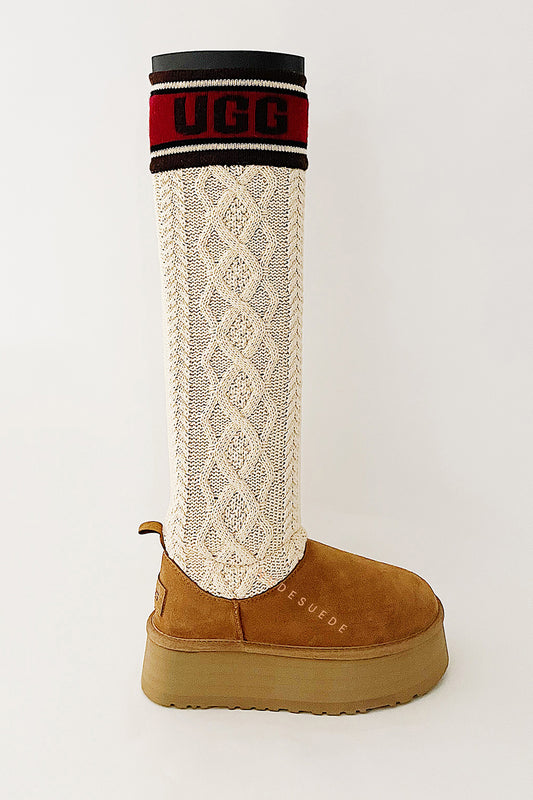 Slouchy Cable-Knit Flatform Boots - Chestnut