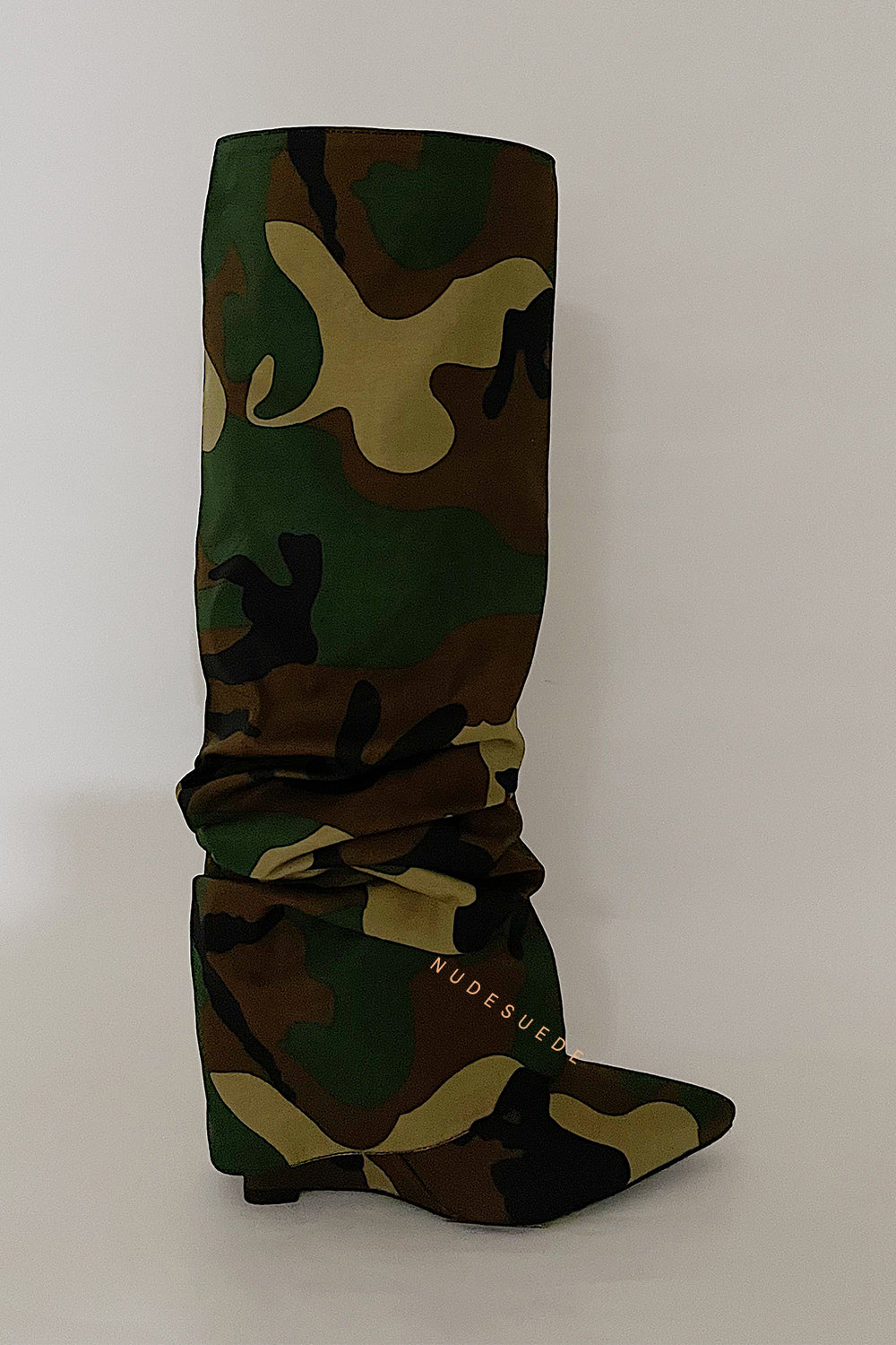 Scrunched Foldover Mid Calf Wedge Heel Boots - Camouflage