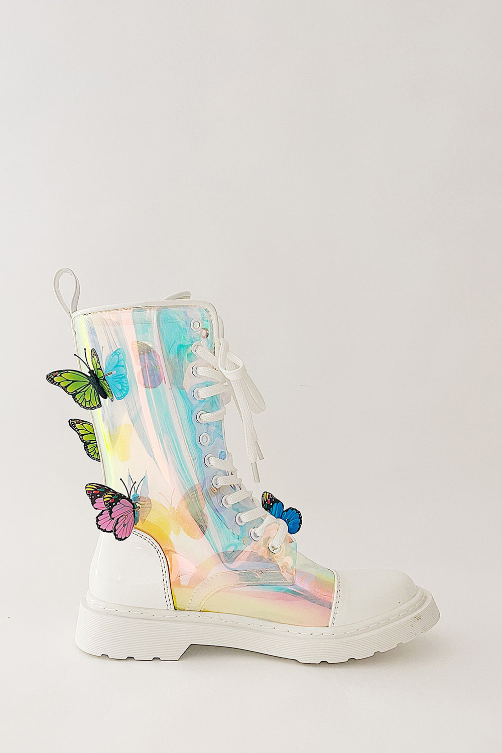 Clear Iridescent Butterfly Lace Up Mid-Calf Flat Boots