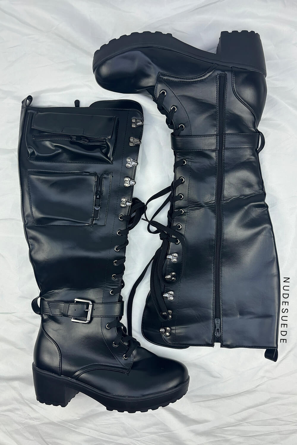 Black Lace Up Pocket Detail Chunky Knee High Combat Boots