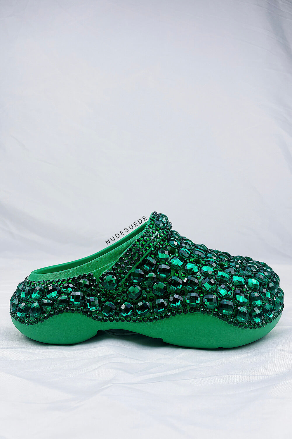 Green Rhinestone-Embellished Rubber Sling Back Slip On Platform Clogs