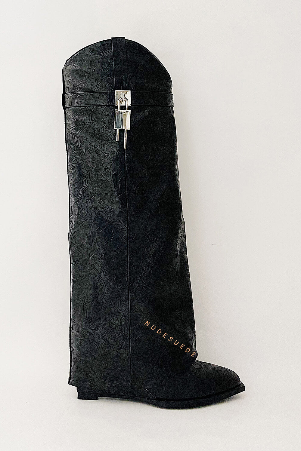 Lock Fold Over Western Cowboy Faux Leather Knee-High Boots - Black