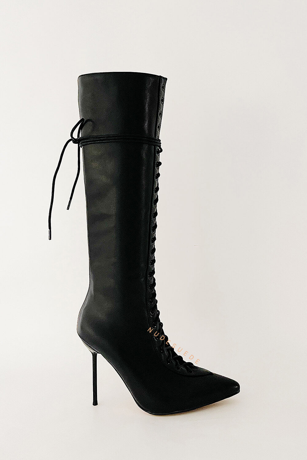 Laced-Up Tapered Toe Knee High Stiletto Boots - Black