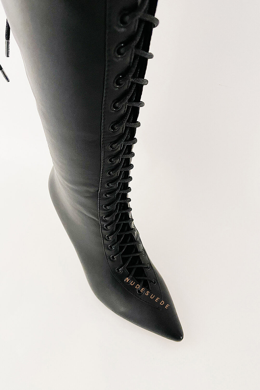 Laced-Up Tapered Toe Knee High Stiletto Boots - Black