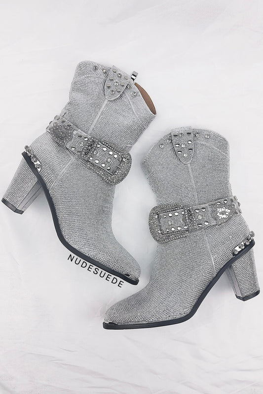 Shine Rhinestone Studded Block Heel Western Cowboy Ankle Boots - Silver