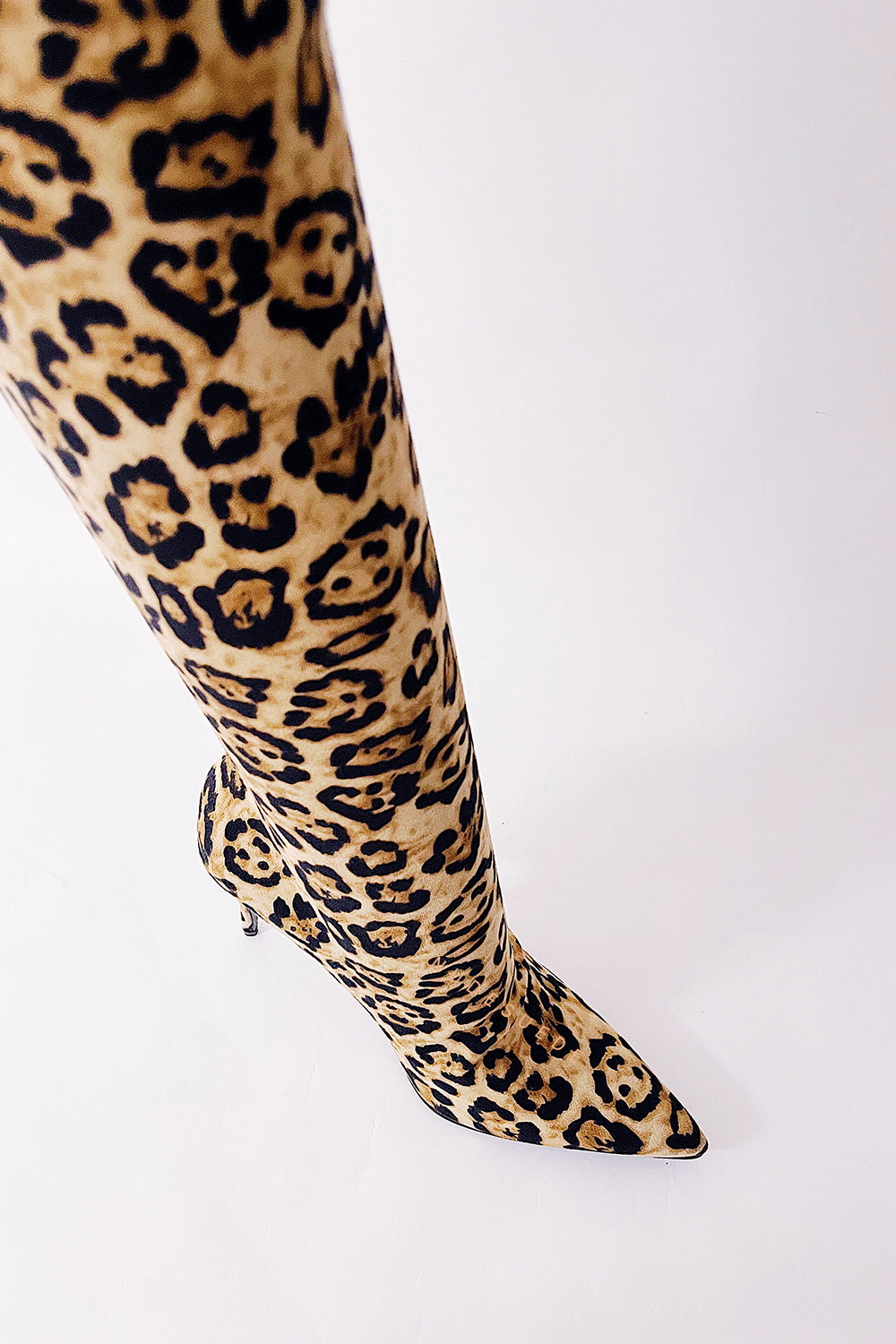 Leopard Print Pointed Toe Thigh High Stiletto Boots