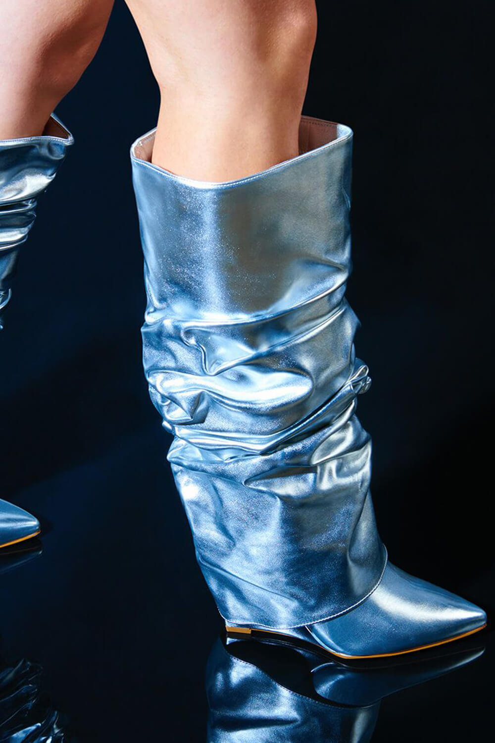 Metallic Scrunched Foldover Wedge Heel Knee High Boots - Silver