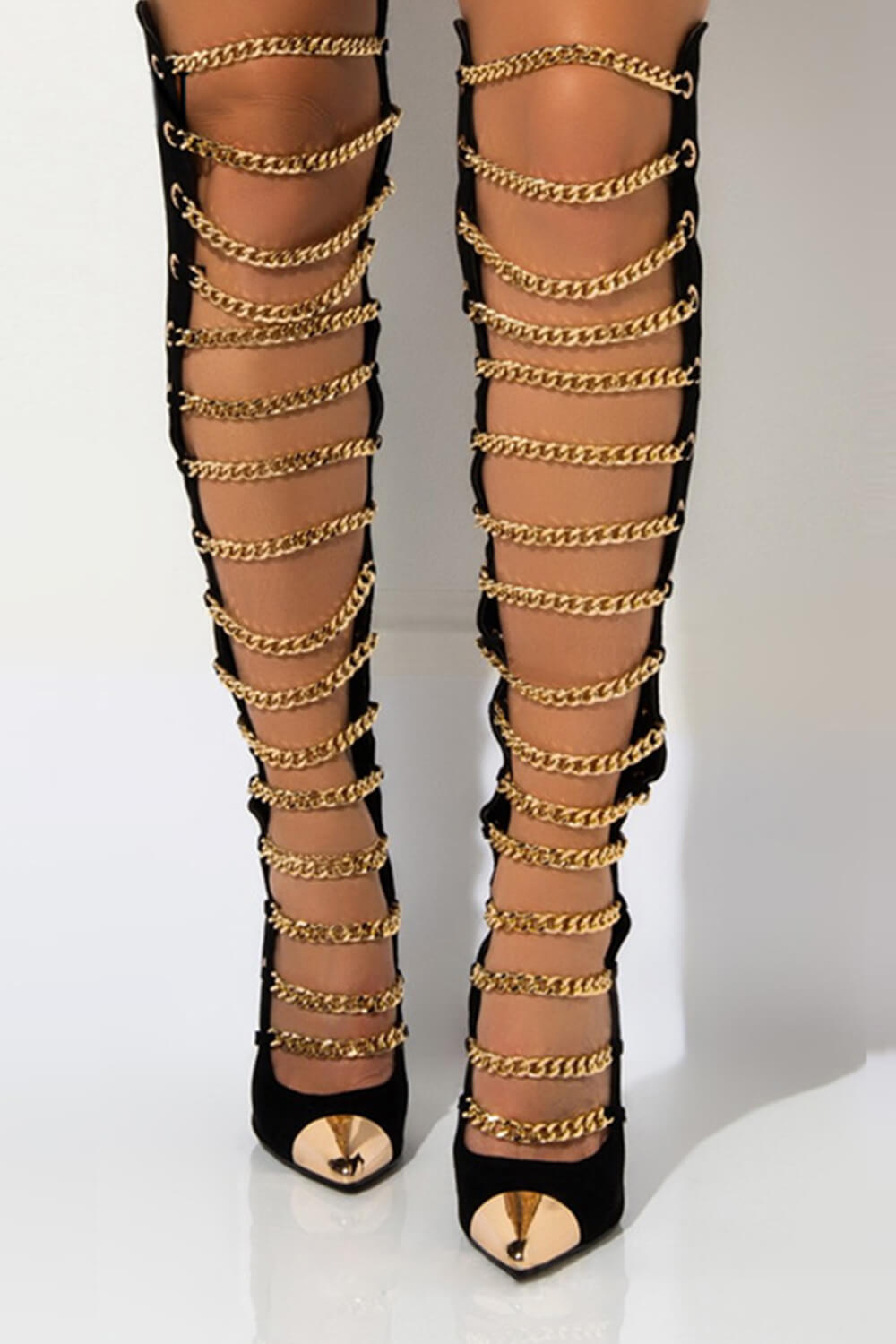 Gold Chain Pointed Toe Knee High Stiletto Boots - Black