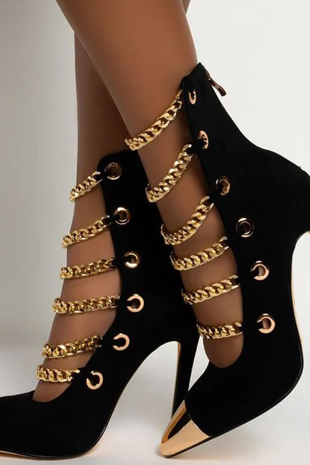 Gold Chain Pointed Toe Mid-Calf Stiletto Boots - Black