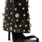 Rhinestone Gemstone Embellished Fold Over Open Square Toe Mid-Calf Sandal Boots- Black