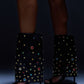 Rhinestone Gemstone Embellished Fold Over Open Square Toe Mid-Calf Sandal Boots- Black