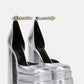 Diamante Square Toe Double Platform High Block Heels - Silver