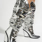 Metallic Slouch Western Pointed Toe Knee-High Block Heeled Boots - Silver