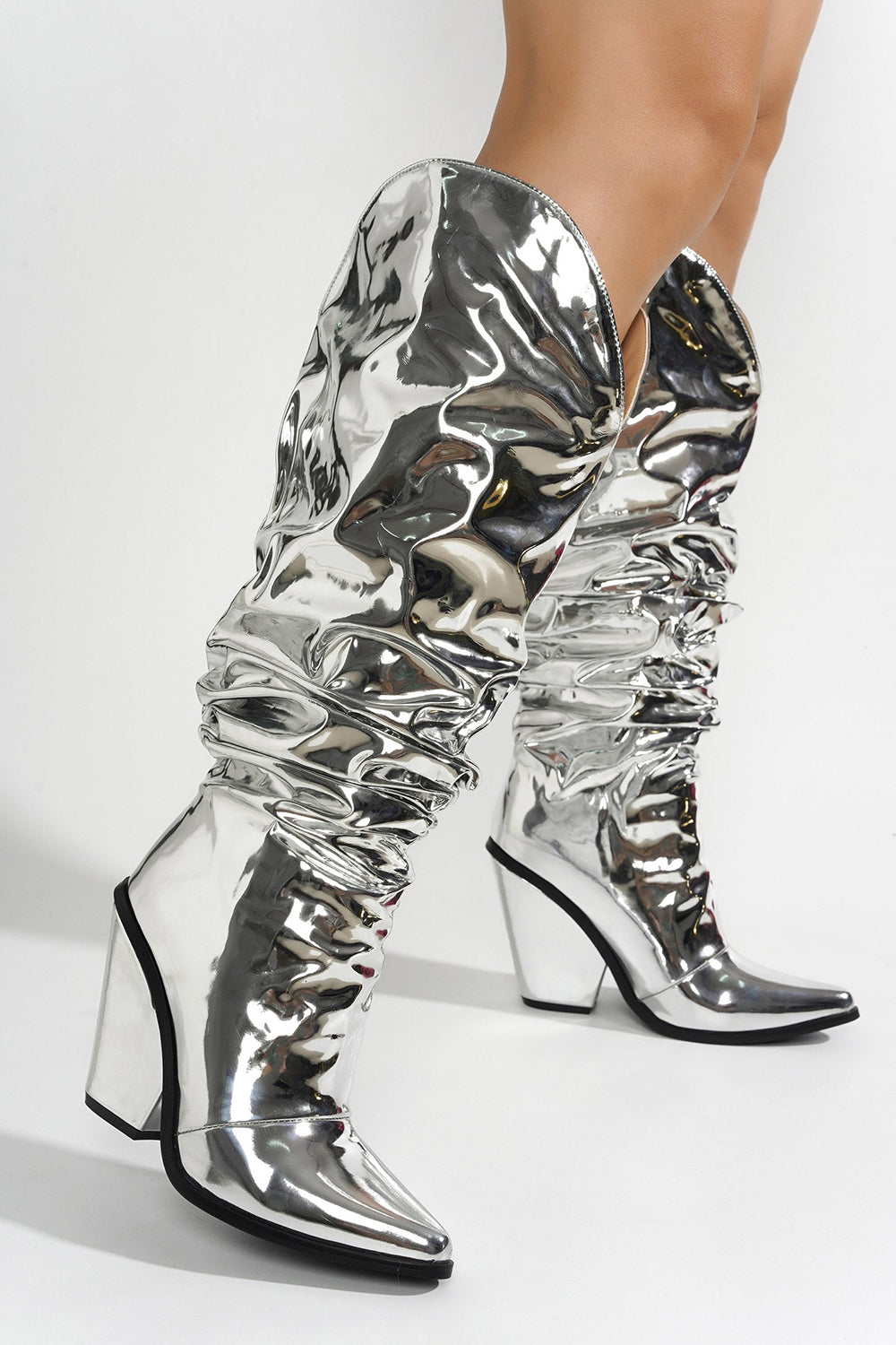 Metallic Slouch Western Pointed Toe Knee-High Block Heeled Boots - Silver