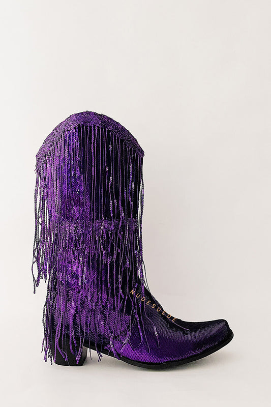 Metallic Patent Sequined Fringe Western Mid-Calf Boots - Purple