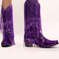 Metallic Patent Sequined Fringe Western Mid-Calf Boots - Purple