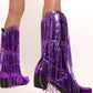 Metallic Patent Sequined Fringe Western Mid-Calf Boots - Purple