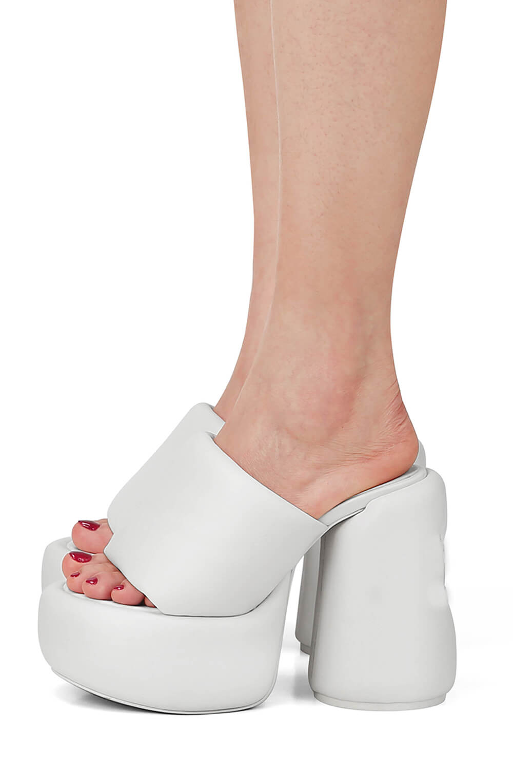 Padded Faux Leather Open Toe Platform Block Heeled Mule Sandals - White