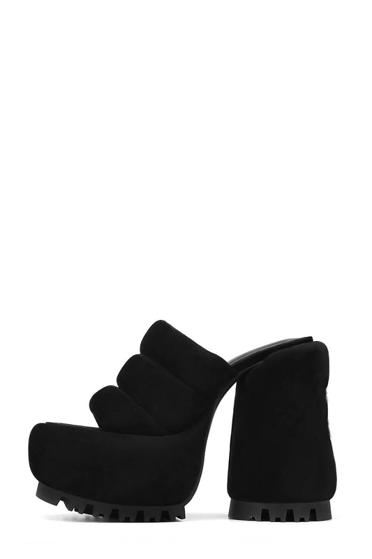 Padded Faux Suede Open Toe Platform Block Heeled Mule Sandals - Black