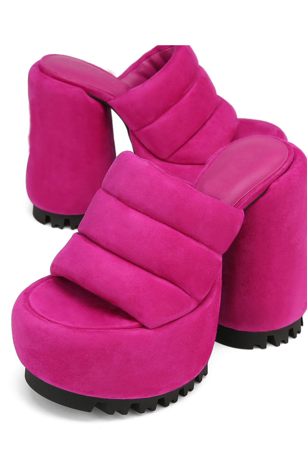 Padded Faux Suede Open Toe Platform Block Heeled Mule Sandals - Hot Pink