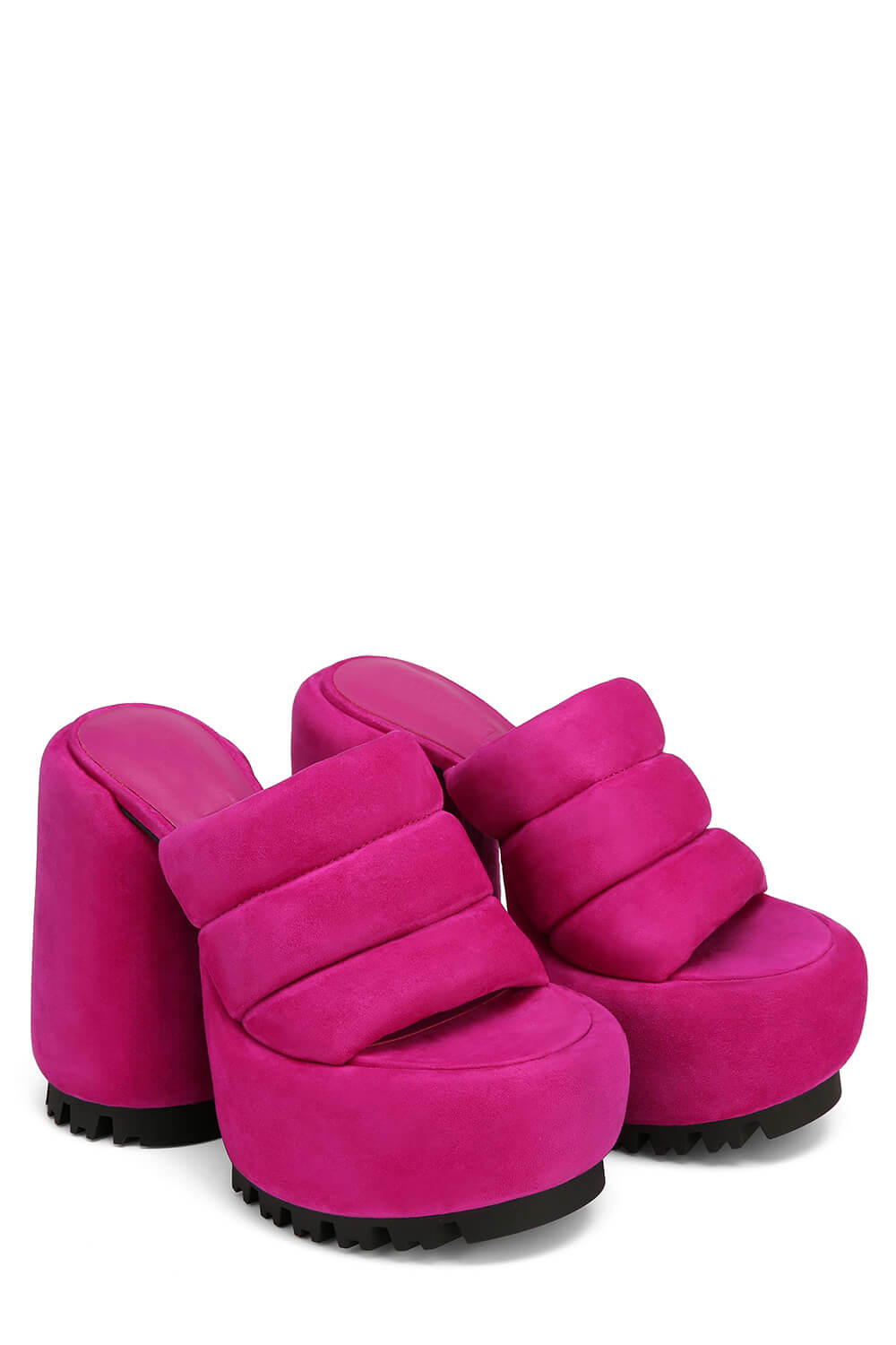 Padded Faux Suede Open Toe Platform Block Heeled Mule Sandals - Hot Pink