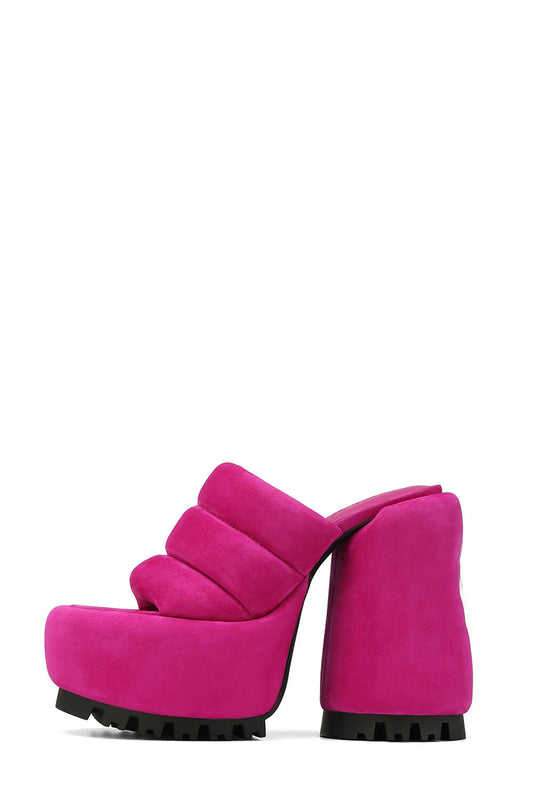 Padded Faux Suede Open Toe Platform Block Heeled Mule Sandals - Hot Pink