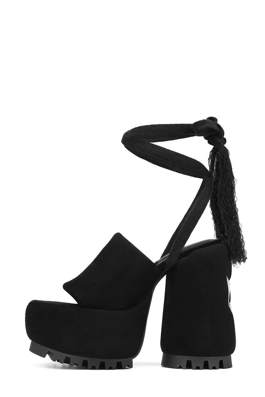 Padded Faux Suede Open Toe Platform Block Heeled Ankle-Wrap Sandals - Black