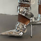 Multi Buckle Pointed Toe Ankle Stiletto Heel Boots - Silver