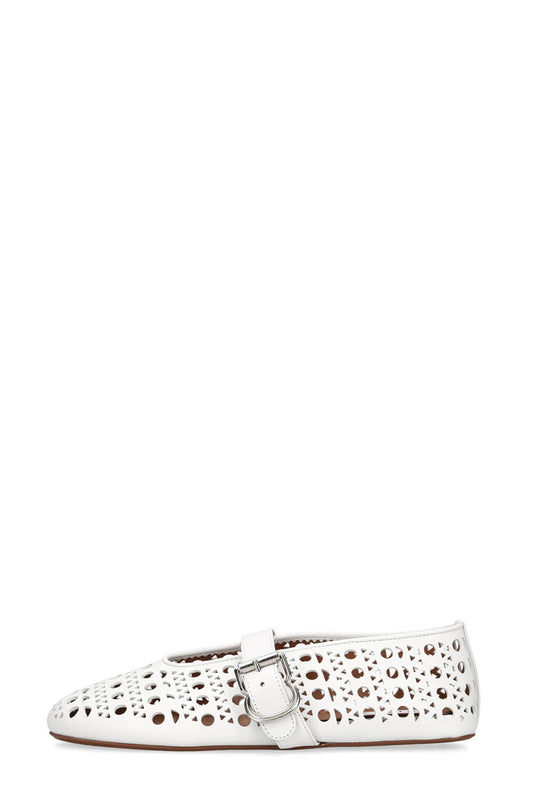 Faux Leather Laser-Cut Buckled Ballet Flats - White