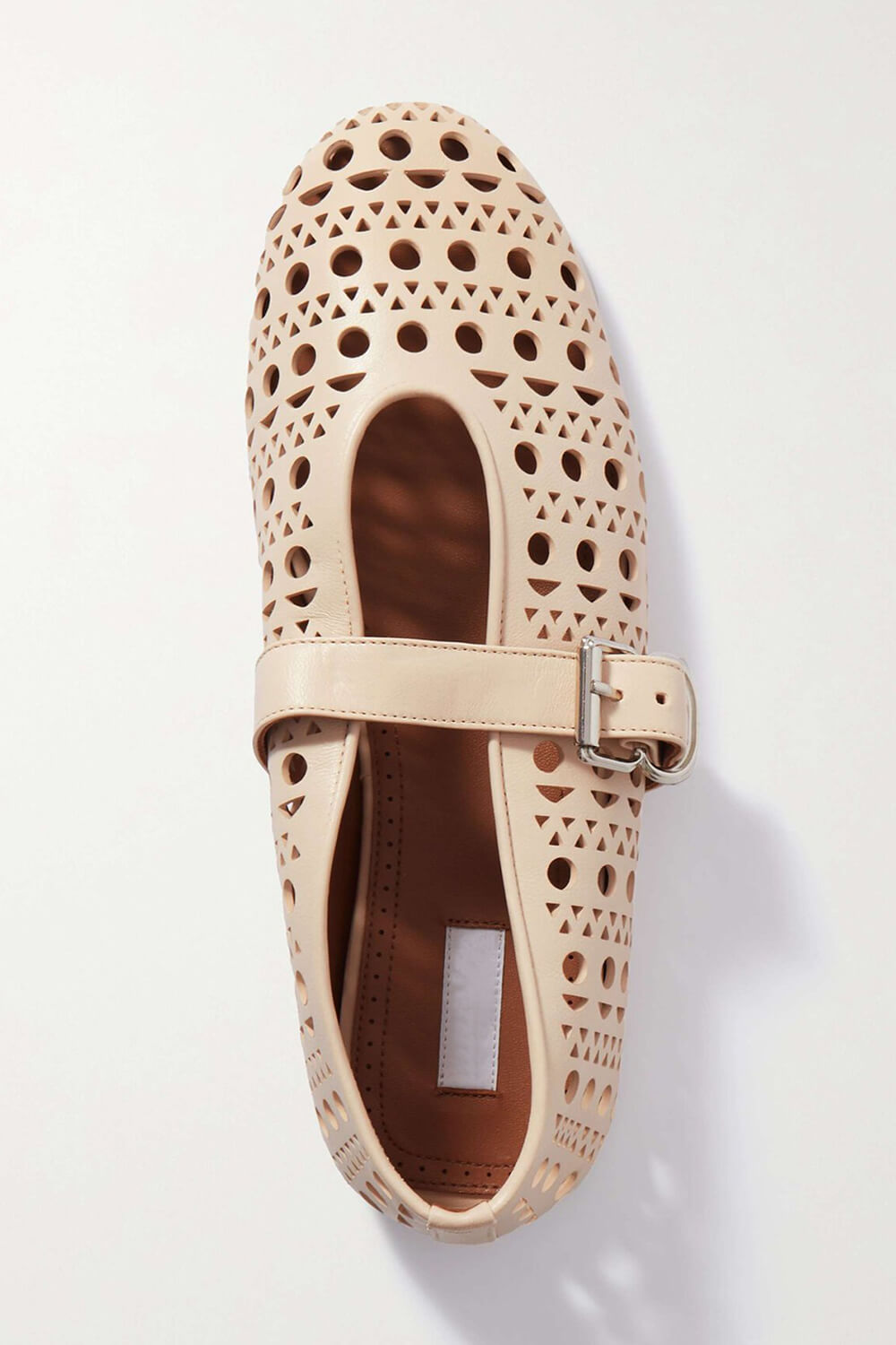 Faux Leather Laser-Cut Buckled Ballet Flats - Beige