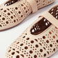 Faux Leather Laser-Cut Buckled Ballet Flats - Beige