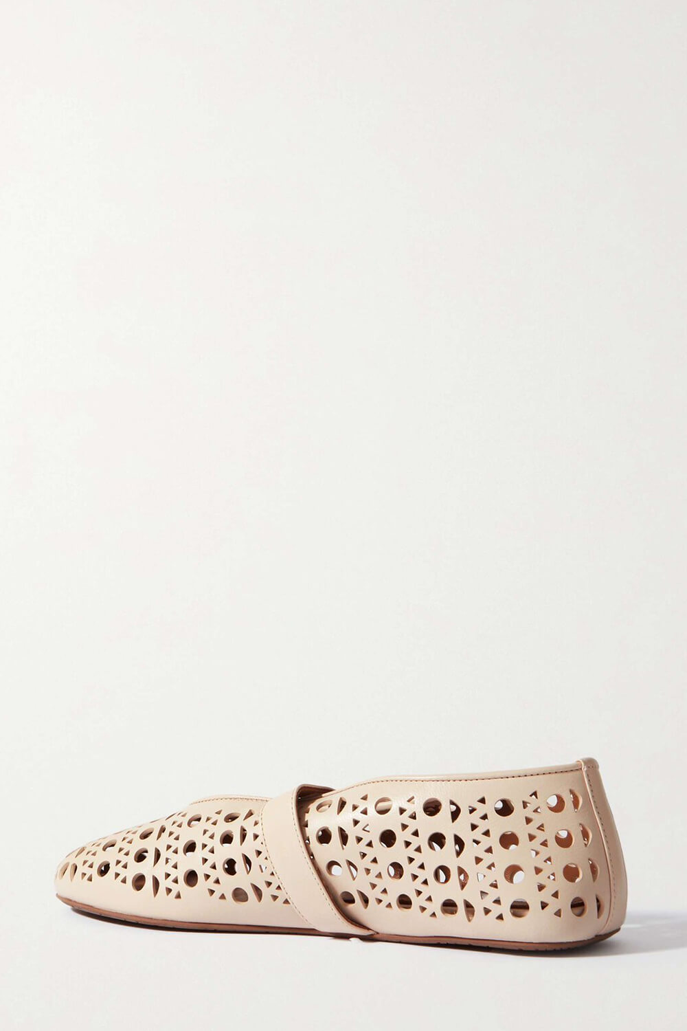 Faux Leather Laser-Cut Buckled Ballet Flats - Beige