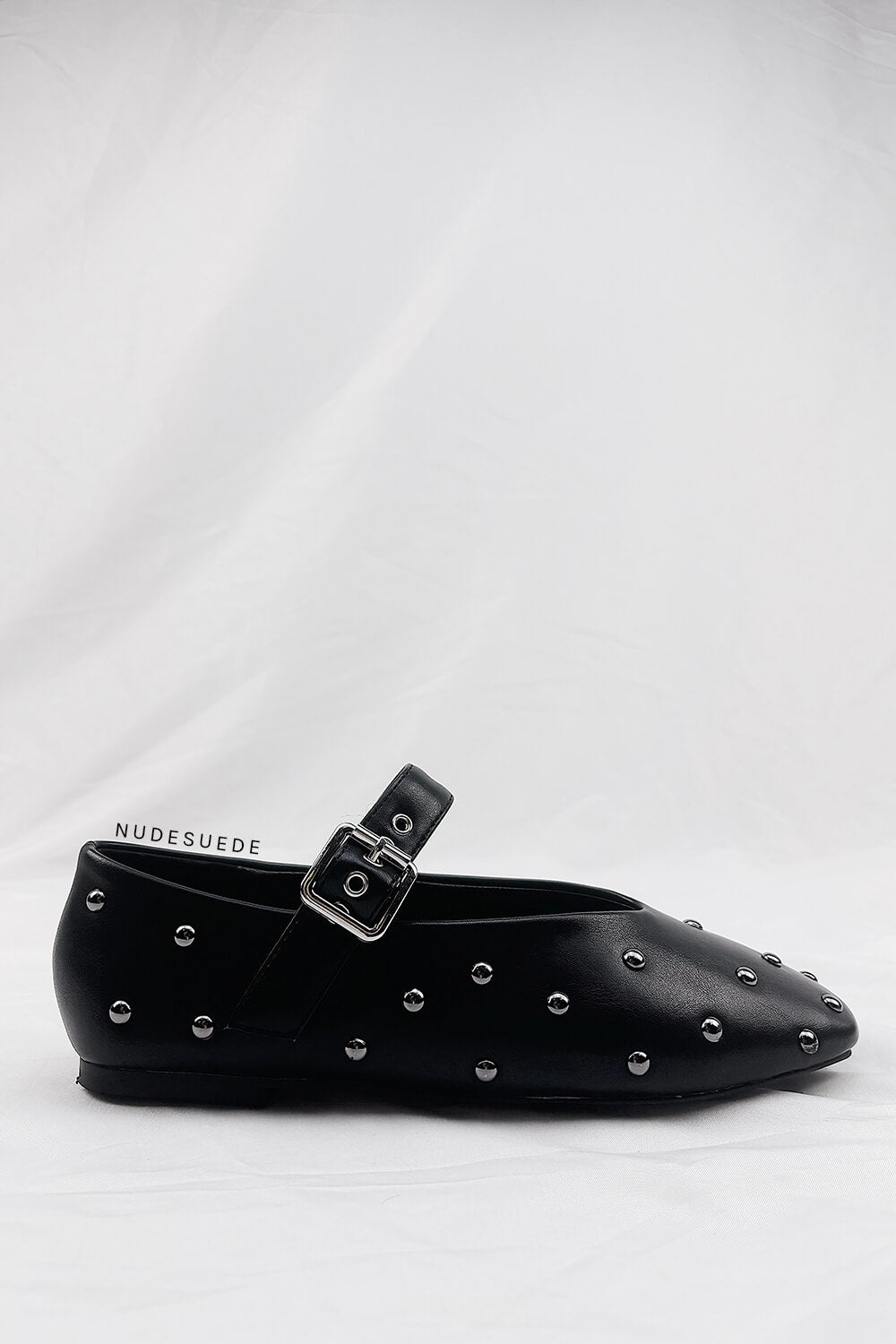 Faux Leather Stud-Embellished Buckled Ballet Flats - Black