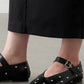 Faux Leather Stud-Embellished Buckled Ballet Flats - Black