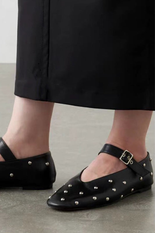 Faux Leather Stud-Embellished Buckled Ballet Flats - Black