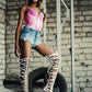 Pink Hologram Python Caged Front Lace-Up Over-The-Knee Stiletto Boots