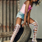 Pink Hologram Python Caged Front Lace-Up Over-The-Knee Stiletto Boots