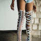 Pink Hologram Python Caged Front Lace-Up Over-The-Knee Stiletto Boots