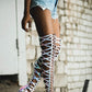 Pink Hologram Python Caged Front Lace-Up Over-The-Knee Stiletto Boots