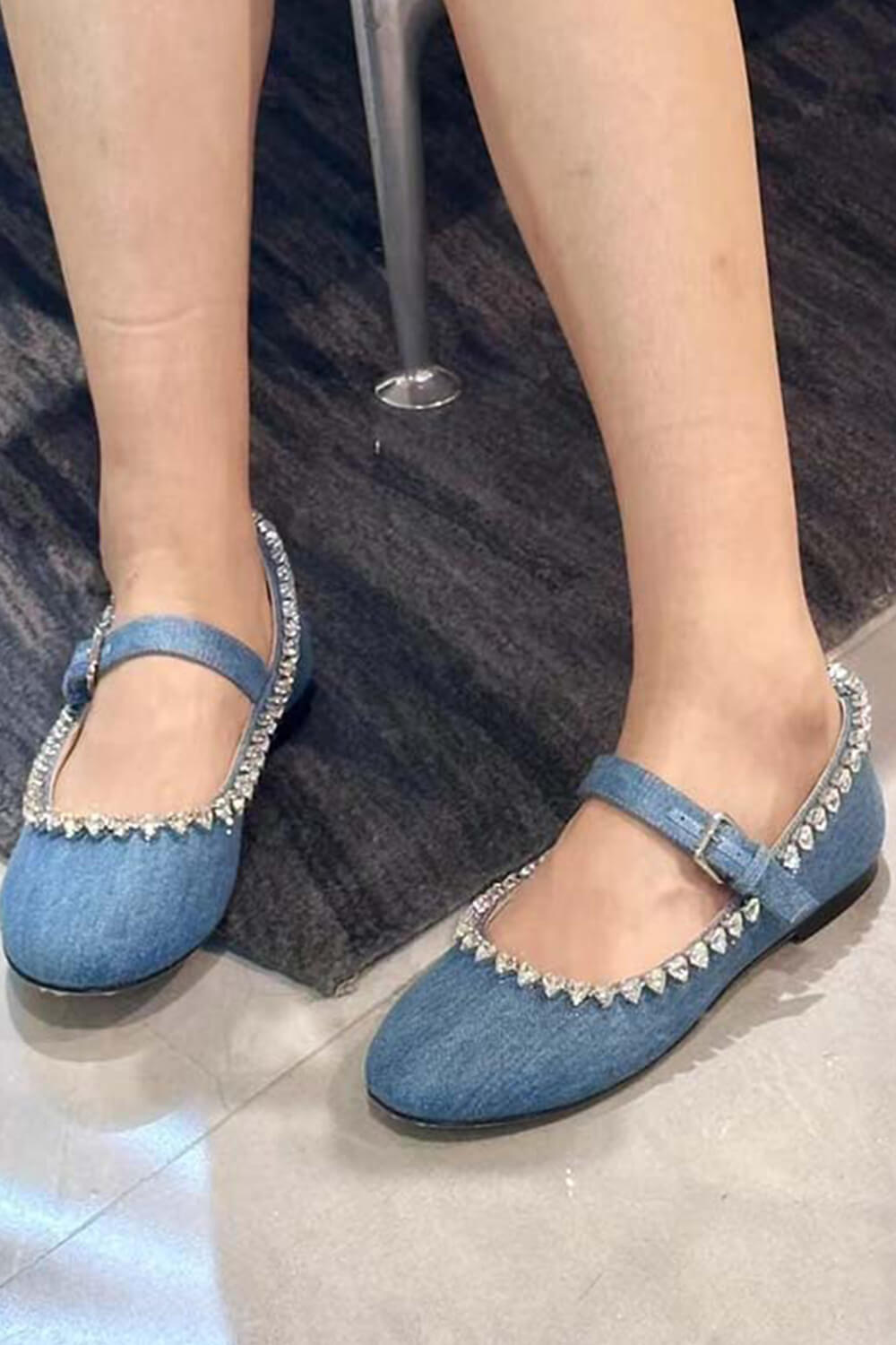 Crystal-Embellished Denim Mary Jane Ballet Flats - Blue