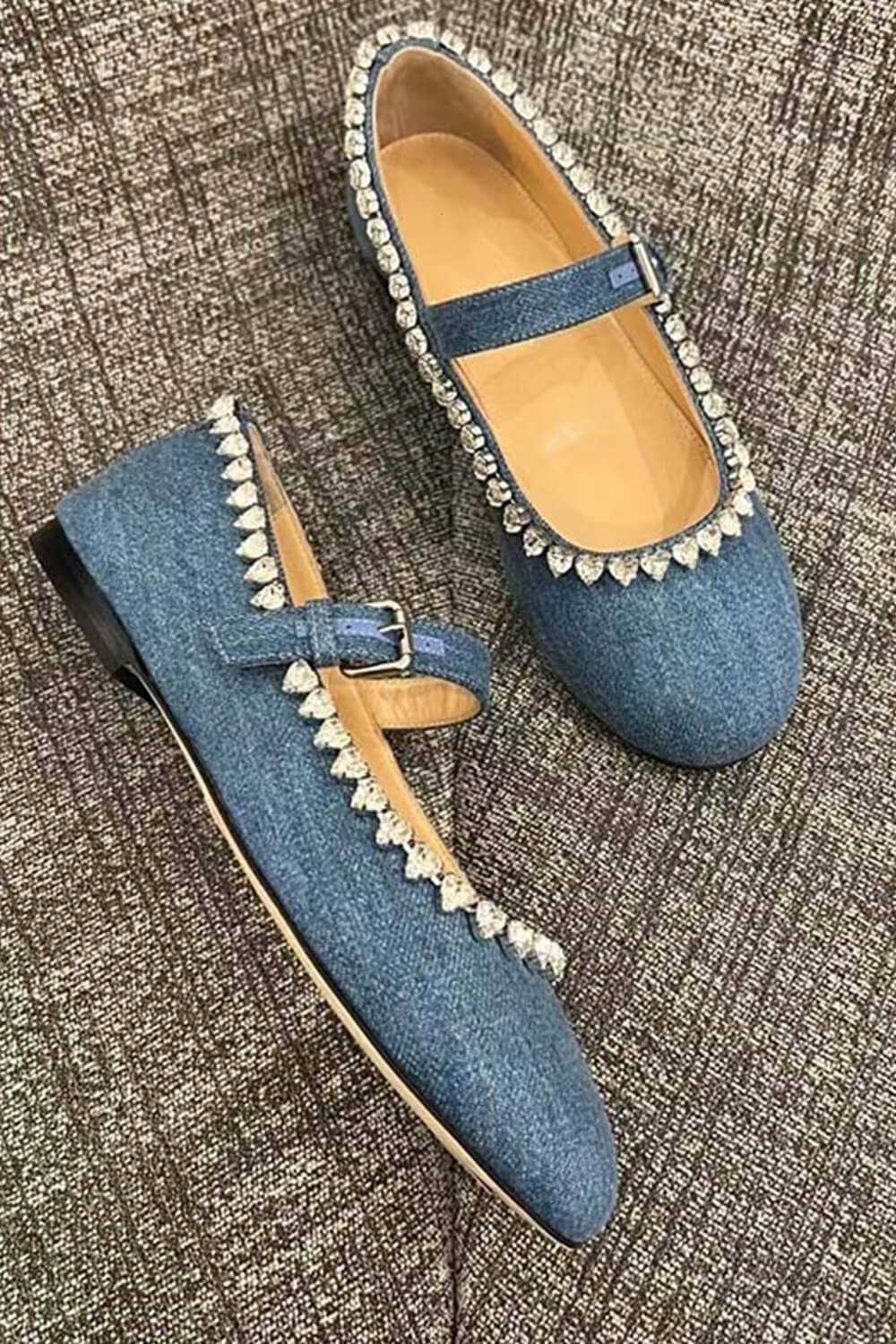 Crystal-Embellished Denim Mary Jane Ballet Flats - Blue