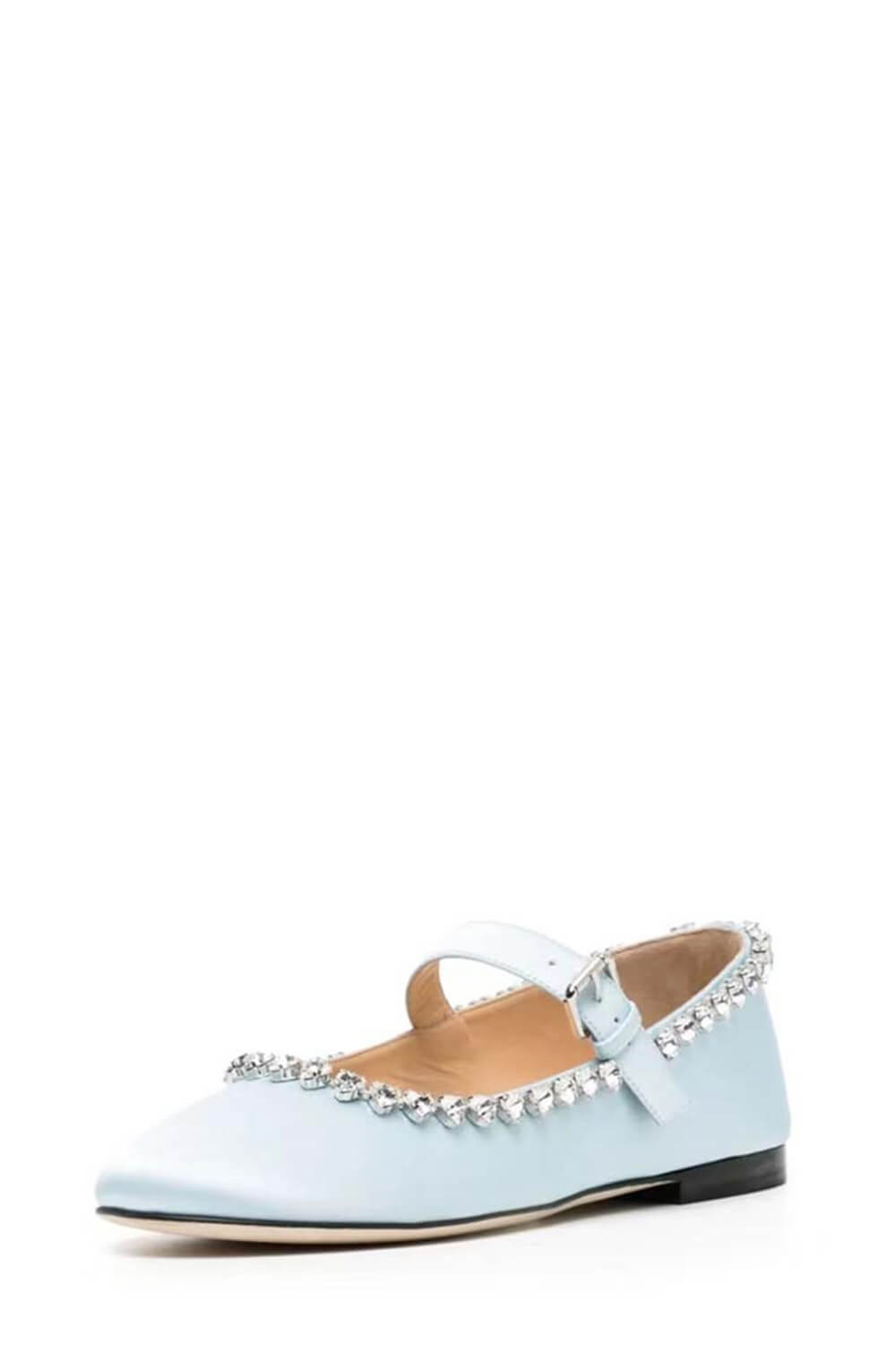 Crystal-Embellished Satin Mary Jane Ballet Flats - Light Blue