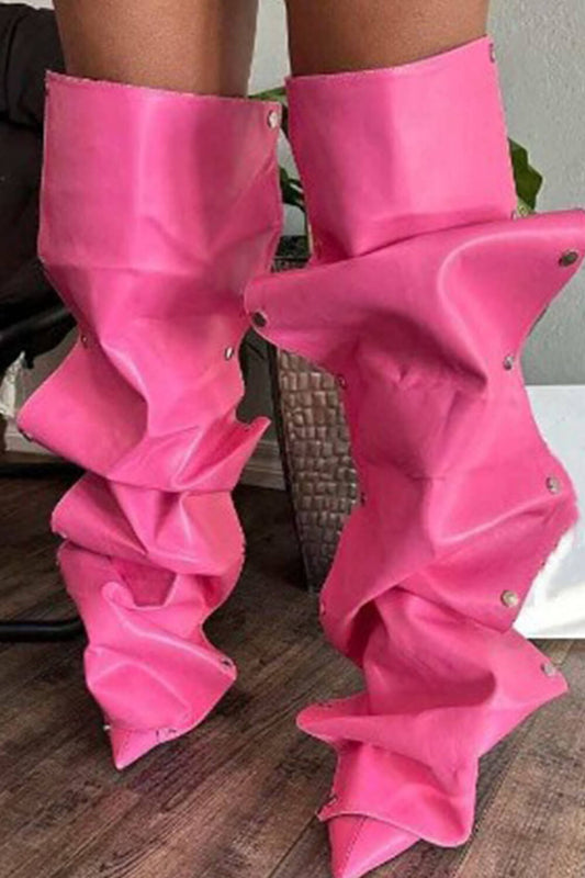 Ruffled Popper Detail Knee High Stiletto Boots - Hot Pink