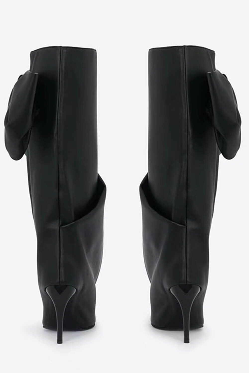 Black Faux Leather Bow Sculptural Pointed Toe Stiletto Boots