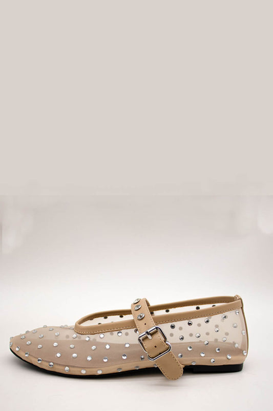 Rhinestone-Embellished Mesh Mary Jane Ballet Flats - Nude