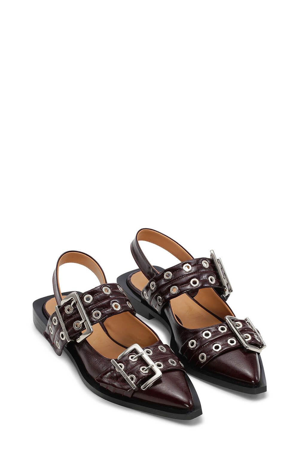 Buckle Pointed Toe Slingback Flats - Brown